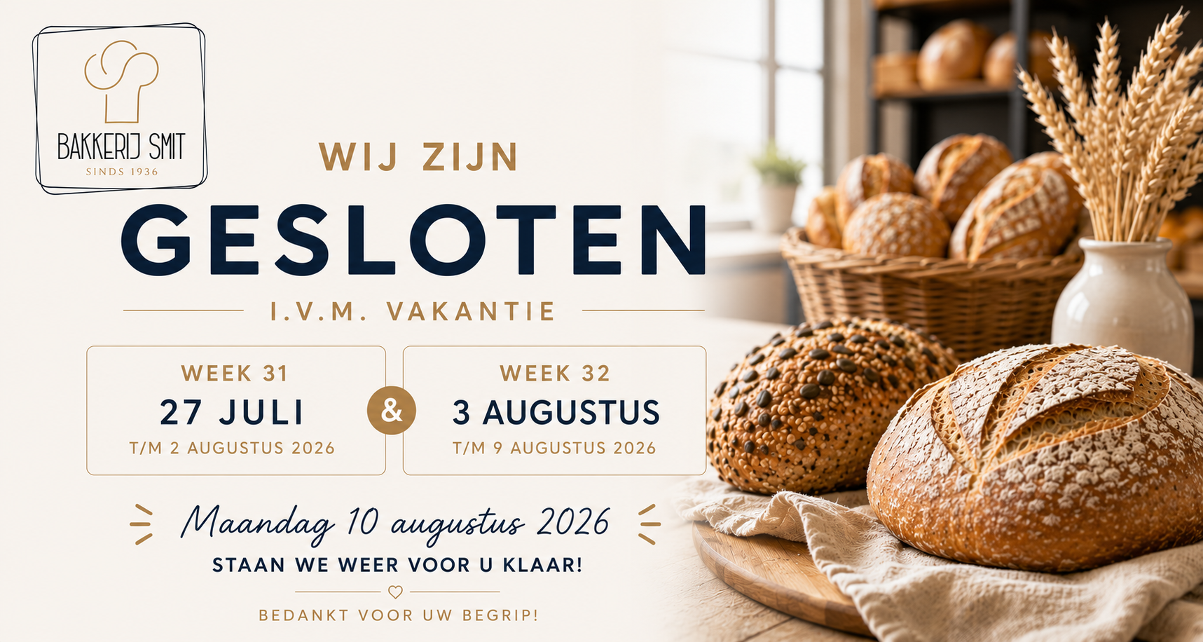 vakantiemelding 2026 gesloten van 27-7 tm 9-8